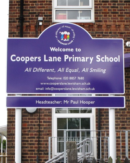 school welcome sign on aluminium posts at Coopers Lane Primary School